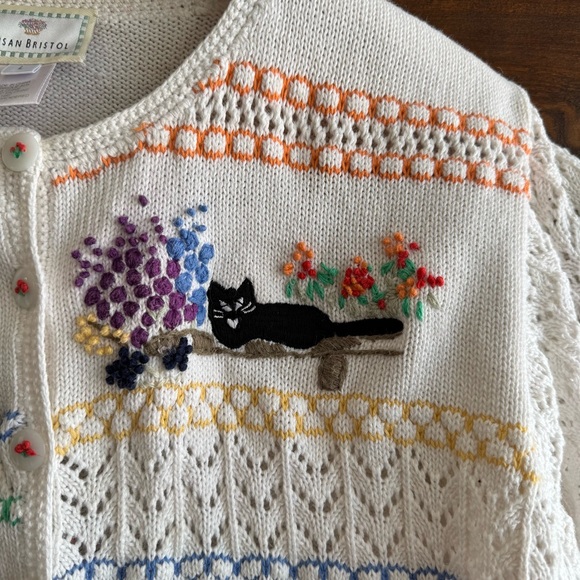 Vintage Susan Bristol Hand Embroidered Black Cat Cardigan Sweater 1997 - Picture 7 of 16